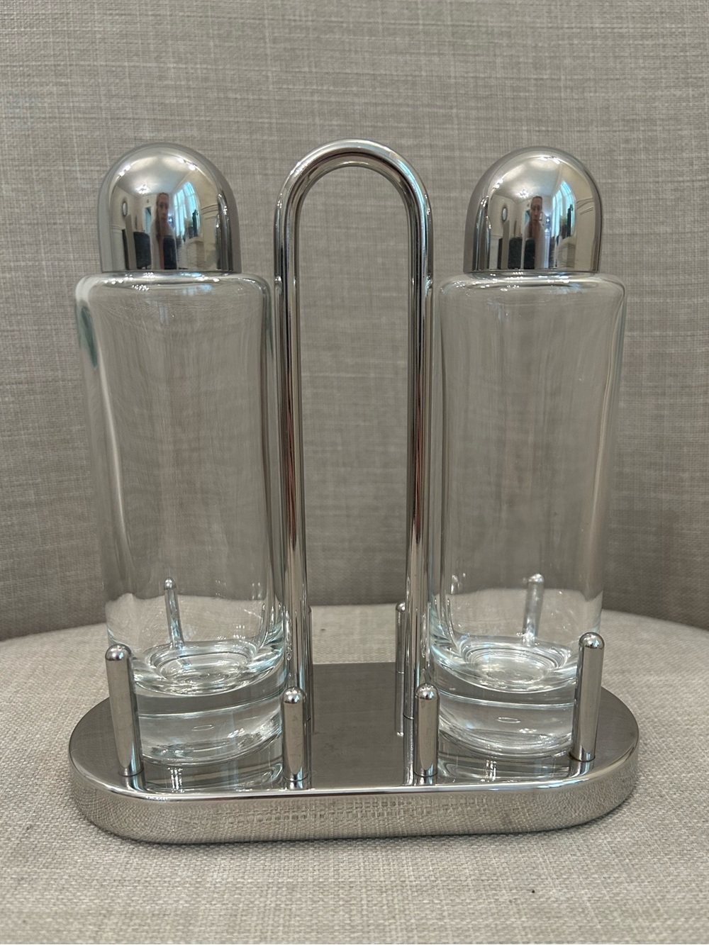 Ettore Sottsass for Alessi Italy Glass and Stainless Steel Oil Vinegar Cruet Set